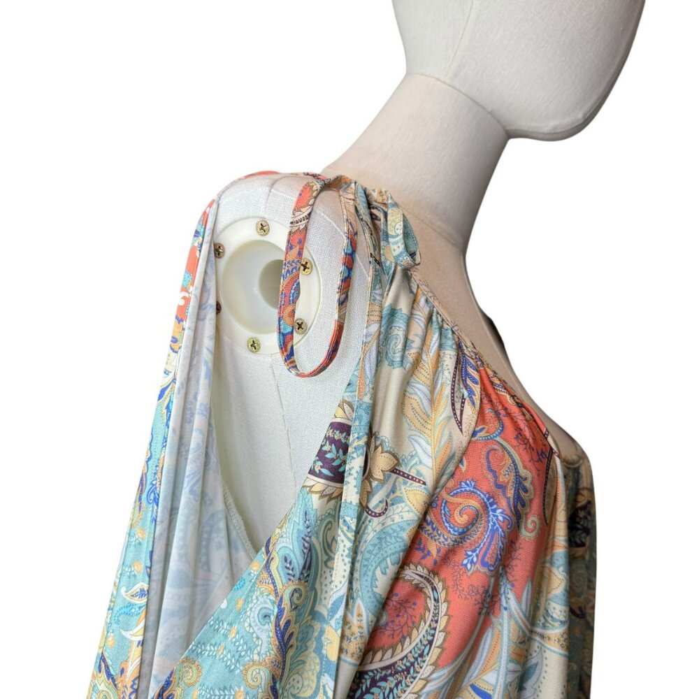 Boston Proper Boho Paisley Off Shoulder Peasant Blouse L Long Sleeve Tie Strap - Picture 4 of 7